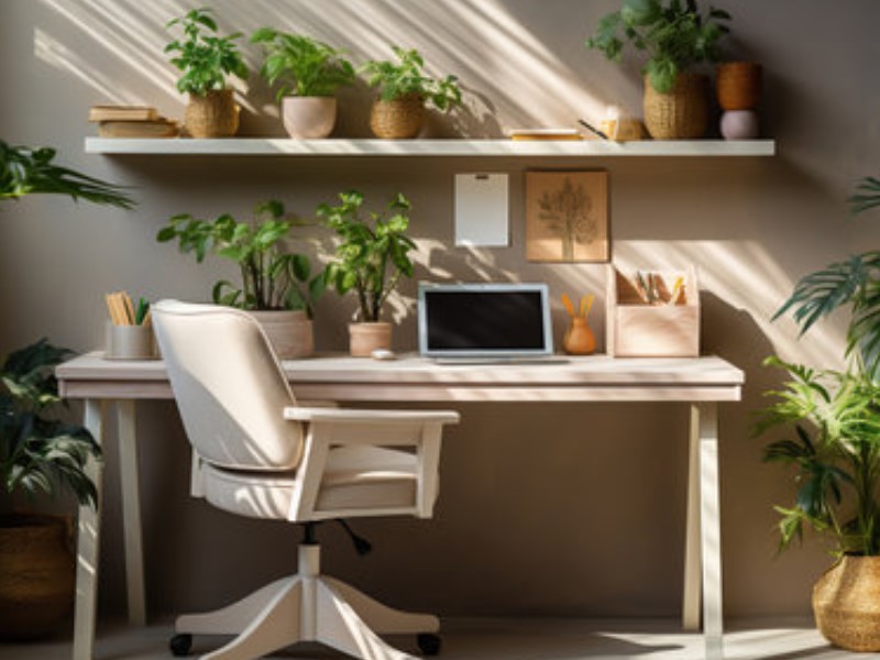 Schreibtisch im Home Office mit Pflanzen